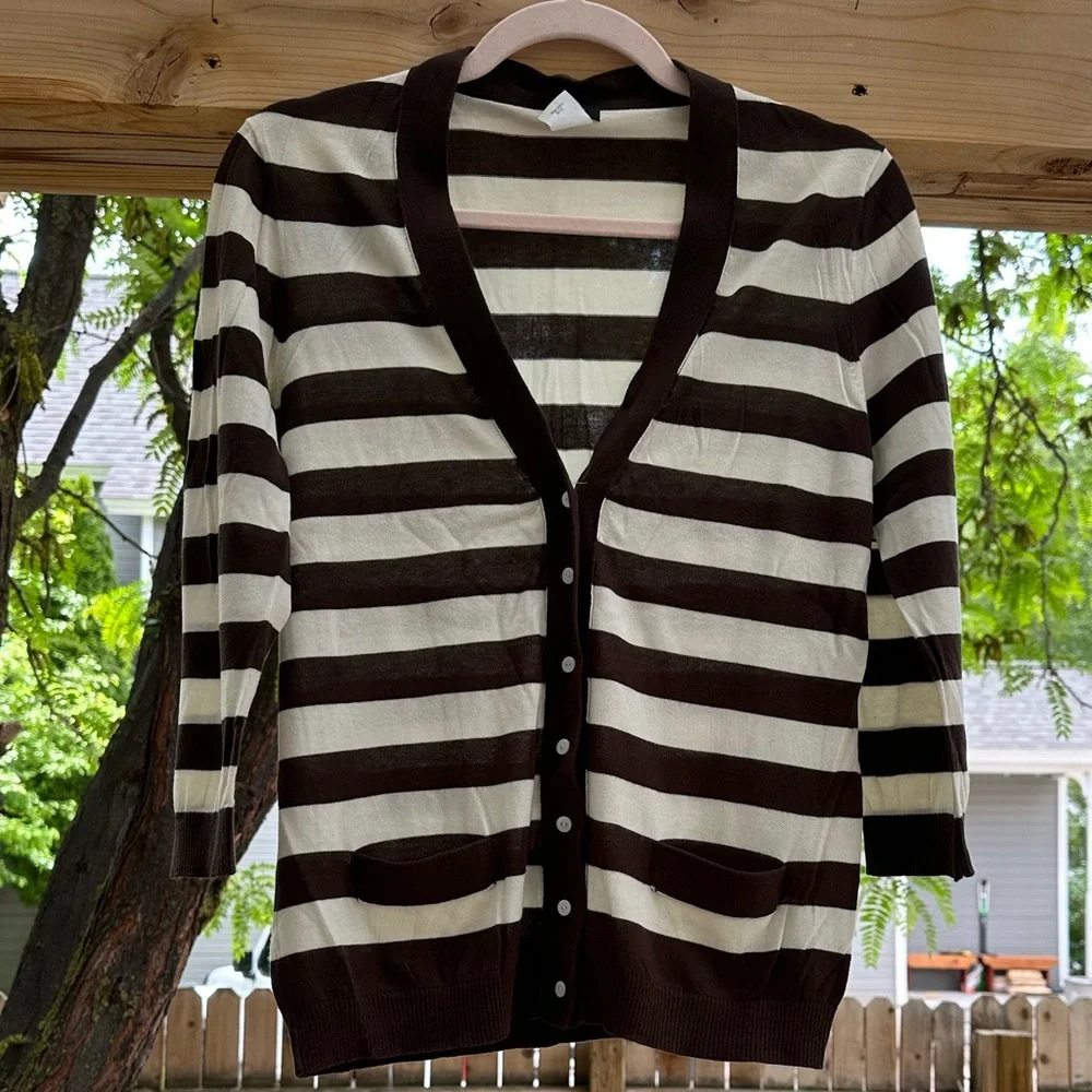 J. Crew Featherweight Chocolate Brown Ivory Cardigan Striped V Neck Cotton Large